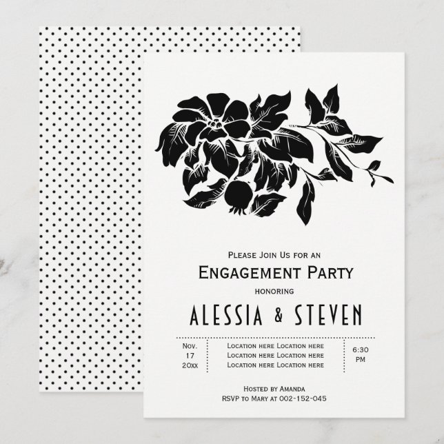 Invitation Fête de fiançailles florales en noir et blanc (Devant / Derrière)