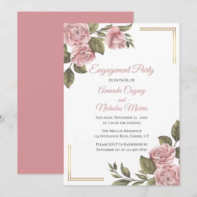 Invitation Fête de fiançailles florales Peony rose Mariage él (Devant / Derrière)