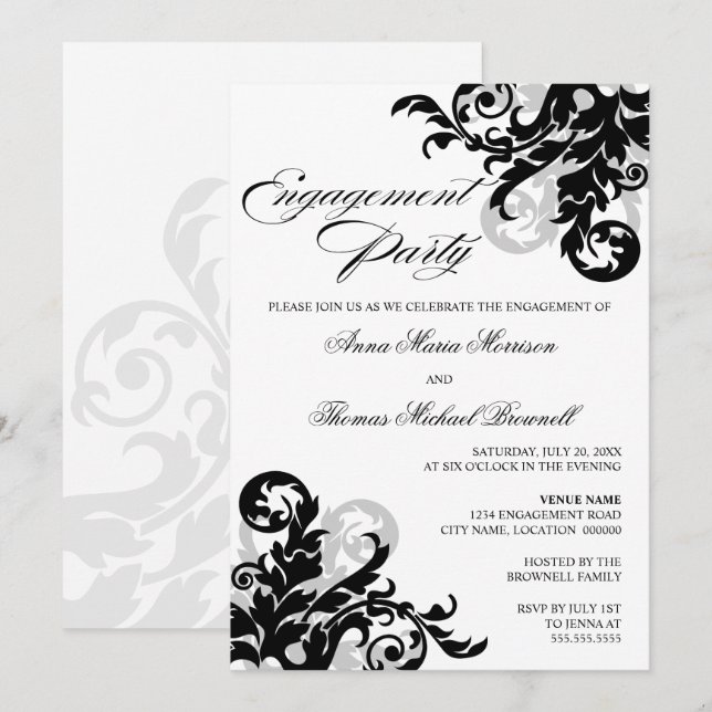 Invitation Fête de fiançailles florissantes en noir et argent (Devant / Derrière)