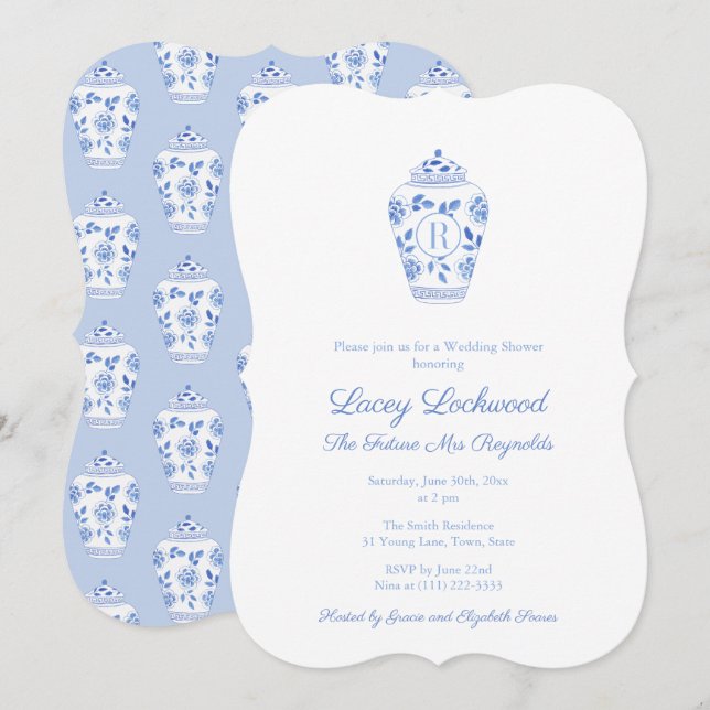 Invitation Fête de Fiançailles Future Mme Monogramme Bleu Et  (Devant / Derrière)