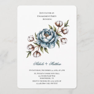 Invitation Fête de fiançailles Pivoine et Coton Bleu Poussiér