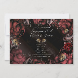 Invitation Fête de fiançailles Roses et crânes Rouge grenat R