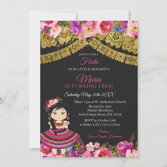 Invitation Fête de fille mignonne Noir Mexicaine Charra XV An (Devant)