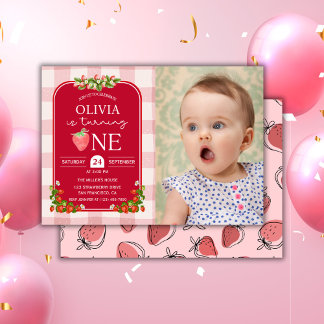 Invitation Fête de fille pour 1er anniversaire Photo Strawber