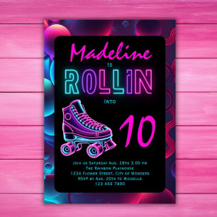 Invitation Fête de Filles en Patins à Roulettes Néon Annivers