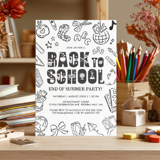 Invitation Fête de fin d'été retour à l'école dessinée à la m