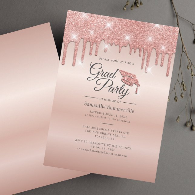 Invitation Fête de fin d'études 2026 Élégant Diplômé (Graduation Party 2025 Rose Gold Drip Grad Invitation)