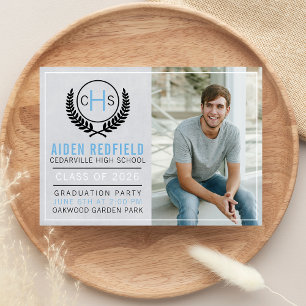 Invitation Fête de fin d'études 2026 Monogramme Bleu Clair