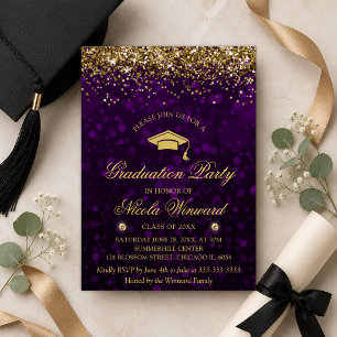 Invitation Fête de fin d'études avec Bokeh Violet et Paillett