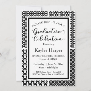 Invitation Fête de fin d'études avec motifs rétro noir et bla