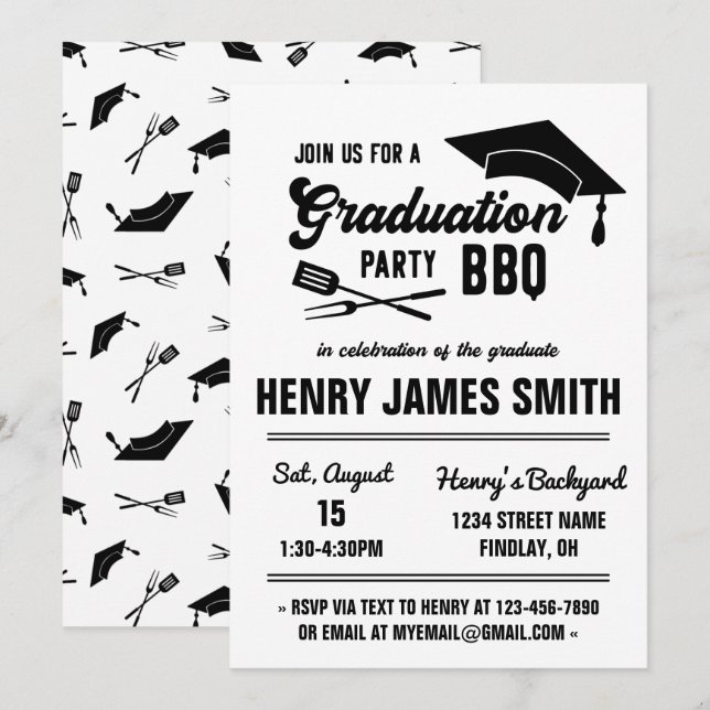 Invitation Fête de fin d'études Black White BBQ, Neutre (Devant / Derrière)