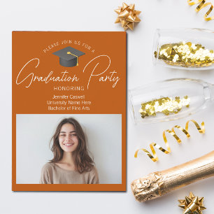 Invitation Fête de fin d'études Chic Orange Brûlé Photo Diplô