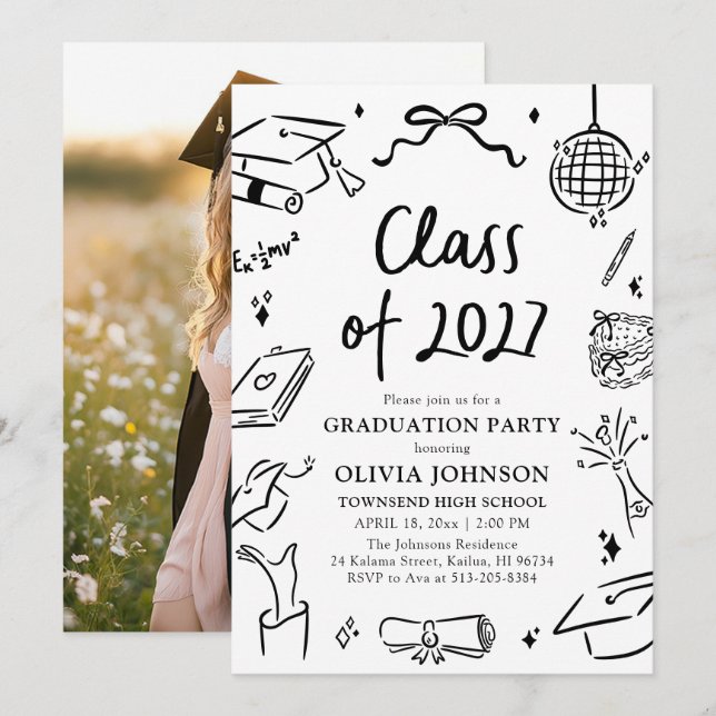 Invitation Fête de fin d'études dessinée à la main de la prom (Devant / Derrière)