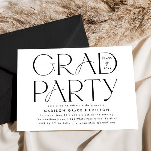 Invitation Fête de fin d'études en noir et blanc avec typogra