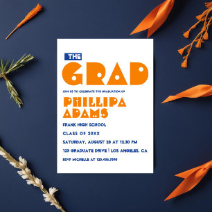 Invitation Fête de fin d'études en typographie bleue et orang