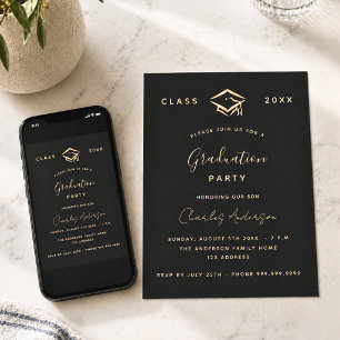 Invitation Fête de fin d'études noir or 2026 minimaliste