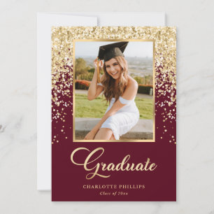 Invitation Fête de fin d'études photo Burgundy Gold Glitter