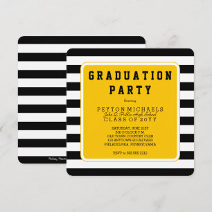 Invitation Fête de fin d'études rayée sport noire et jaune