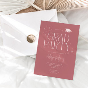 Invitation Fête de fin d'études rose avec des étoiles de typo