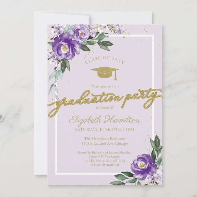 Invitation Fête de fin d'études secondaires violet Floral (Devant)