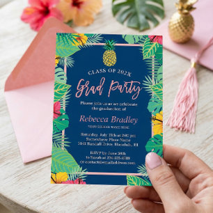 Invitation Fête de fin d'études tropicale bleu marine or anan
