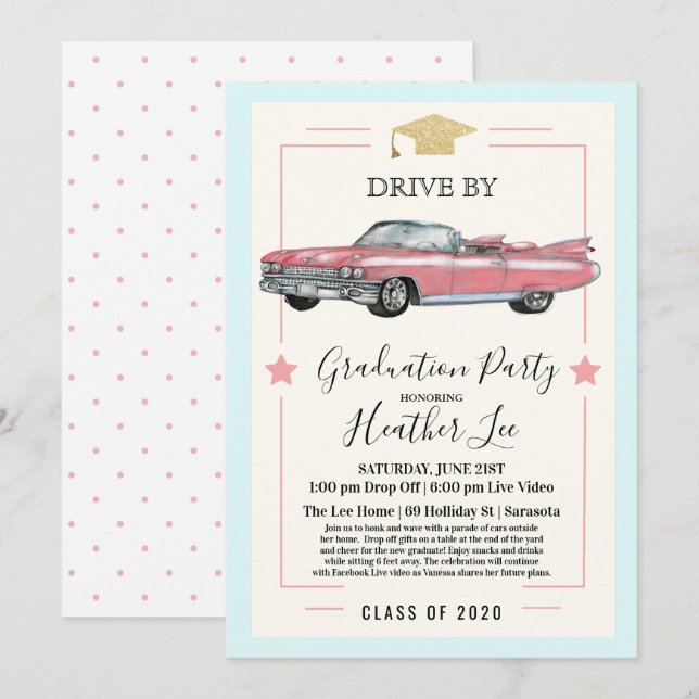 Invitation Fête de fin d'études virtuelle pour femmes en voit (Devant / Derrière)