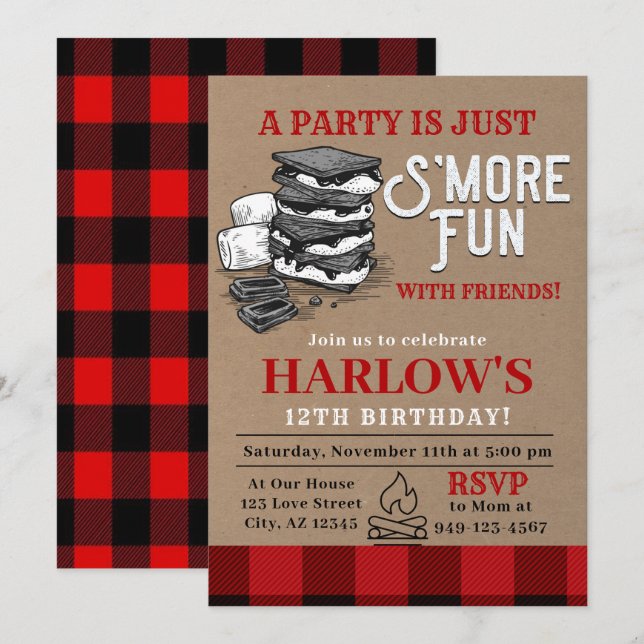 Invitation Fête de Flannel S'mores Buffalo Plaid Anniversaire (Devant / Derrière)