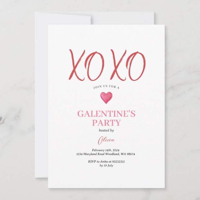 Invitation  Fête de Galentine rose XOXO jour de la Saint-Vale (Devant)