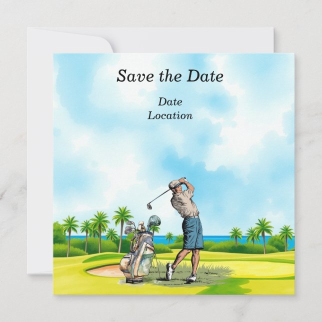 Invitation Fête de golf Enregistrer la date avec golfeur  (Devant)
