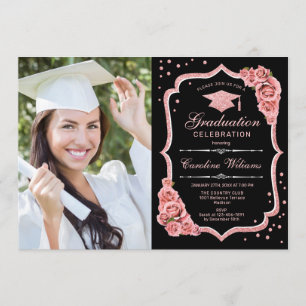 Invitation Fête de graduation avec photo - Gold Rose noir