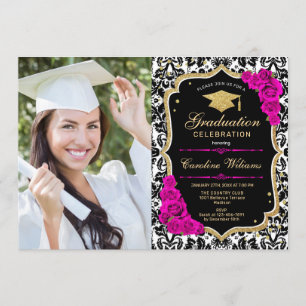 Invitation Fête de graduation avec photo - Noir d'or rose cha