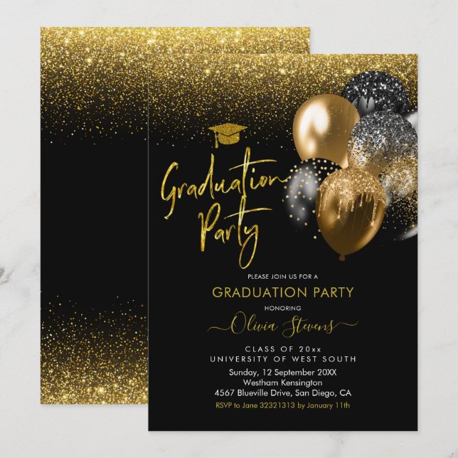 Invitation Fête de graduation Black and Gold (Devant / Derrière)