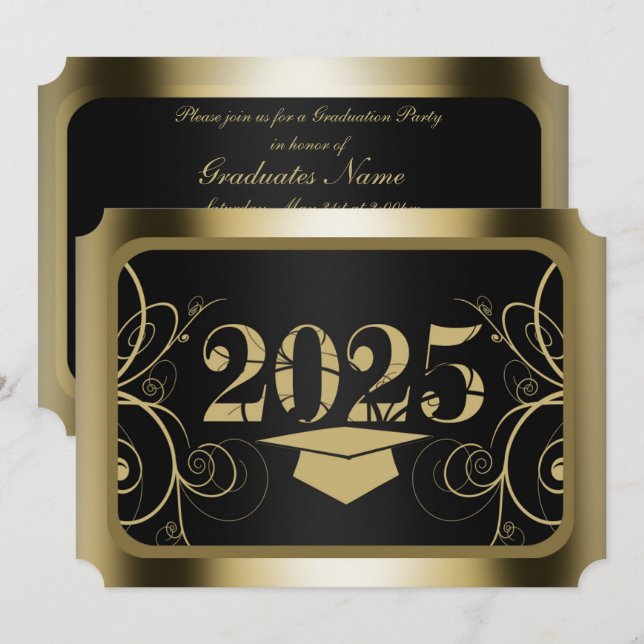 Invitation Fête de graduation Black and Gold Frame (Devant / Derrière)