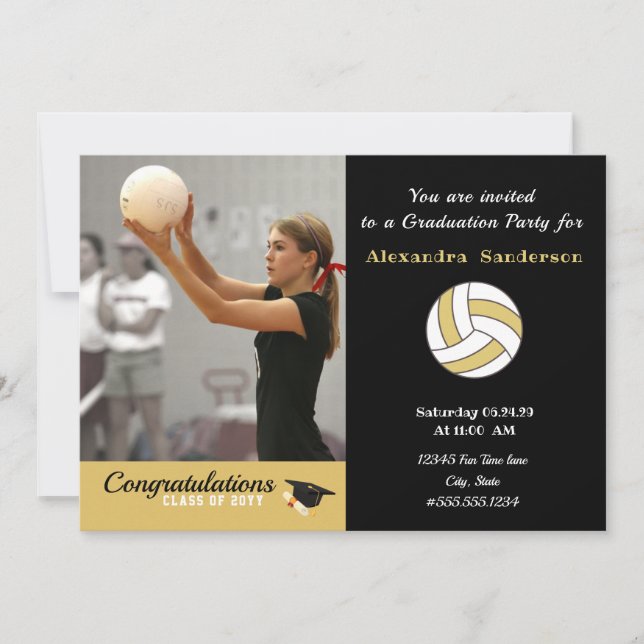 Invitation Fête de graduation Black White et Golden Volleybal (Devant)