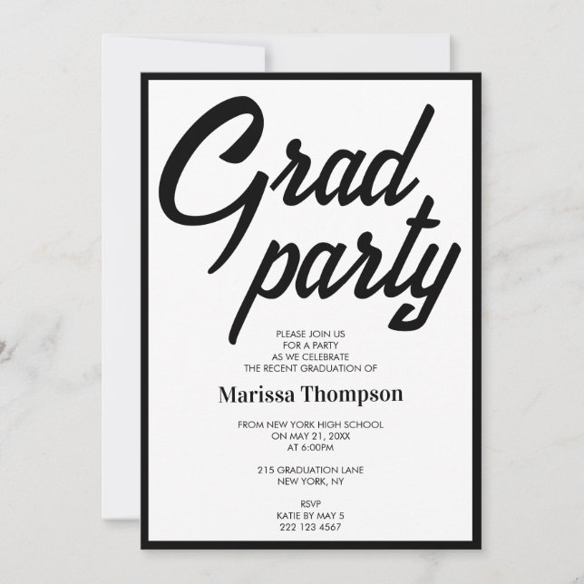 Invitation Fête de graduation Black White Script moderne (Devant)