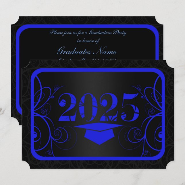 Invitation Fête de graduation de cadre bleu et noir (Devant / Derrière)