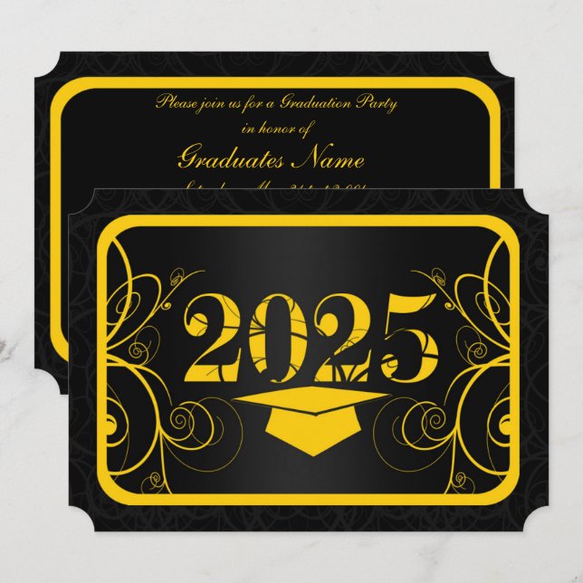 Invitation Fête de graduation de cadre jaune et noir (Devant / Derrière)