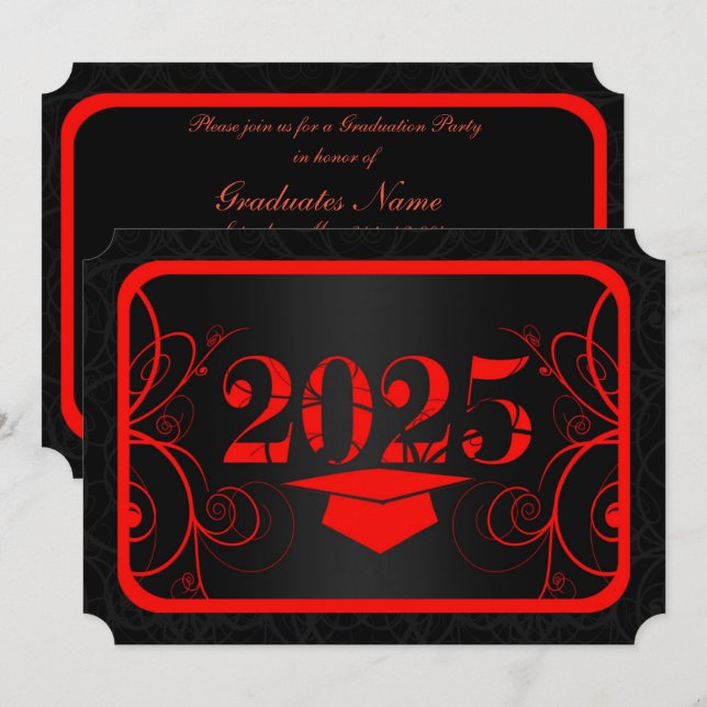 Invitation Fête de graduation de cadre rouge et noir (Devant / Derrière)