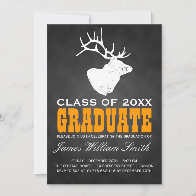 Invitation Fête de graduation de Chalkboard Deer Black Orange (Devant)