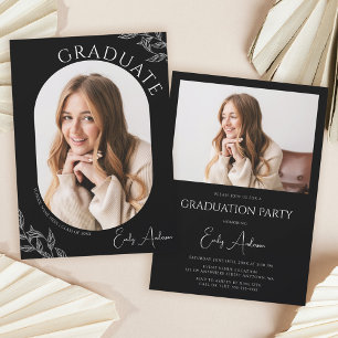 Invitation Fête de graduation de la feuille moderne noir 2 ph
