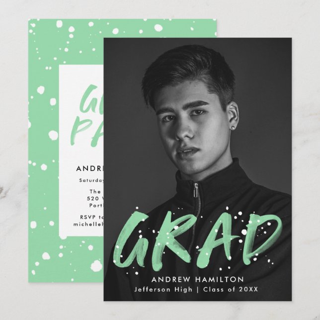 Invitation Fête de graduation de peinture à la menthe moderne (Devant / Derrière)