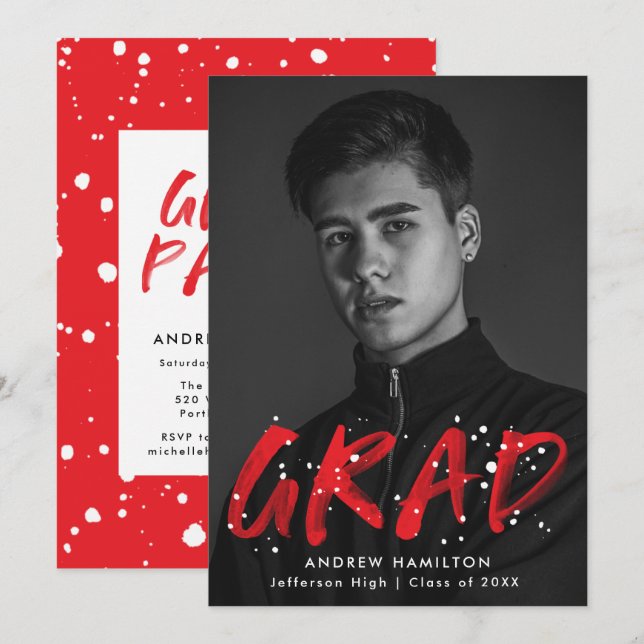 Invitation Fête de graduation de peinture rouge moderne (Devant / Derrière)