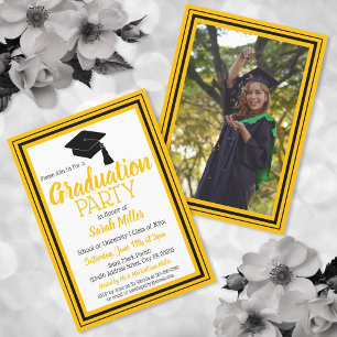 Invitation Fête de graduation de photos noir et or