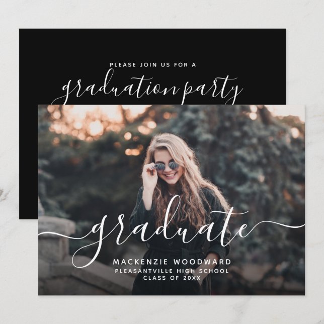 Invitation Fête de graduation de script blanc photo personnal (Devant / Derrière)