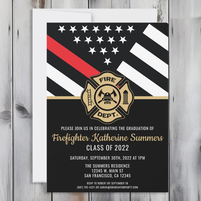 Invitation Fête de graduation des pompiers Drapeau mince de l (Perfect invitation to invite guests to celebrate the new fire academy graduate in fire fighting!)