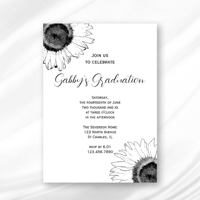 Invitation Fête de graduation des tournesols noirs et blancs (Créateur téléchargé)