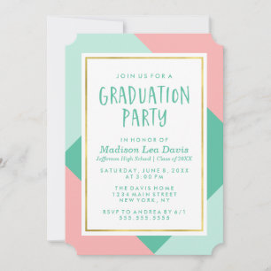 Invitation Fête de graduation en bloc couleur vert et rose de