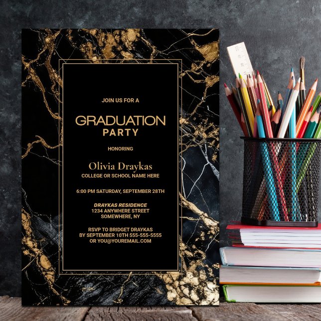 Invitation Fête de graduation en marbre noir (Créateur téléchargé)