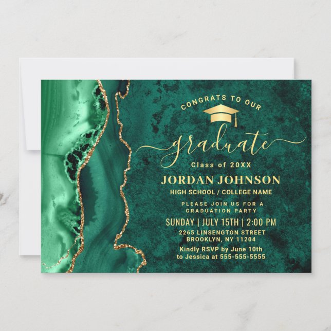 Invitation Fête de graduation en marbre vert émérite d'or mod (Devant)