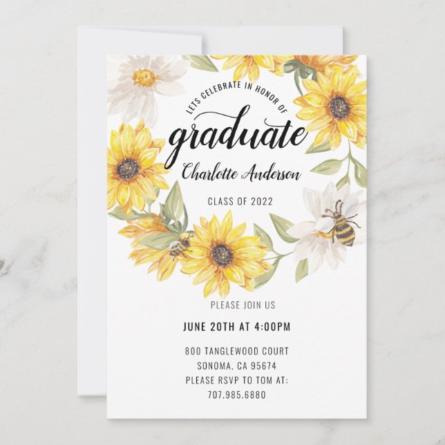 Invitation Fête de graduation Fête des tournesols blancs jaun (Devant)
